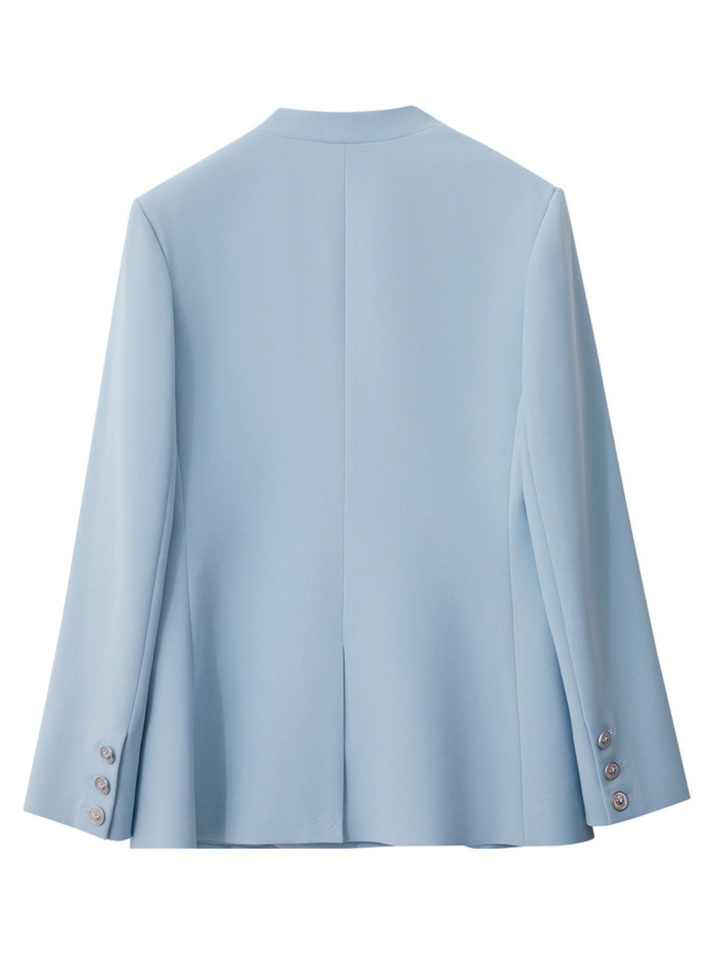 Produktbillede af lyseblå blazer, bagvisning på hvid baggrund.