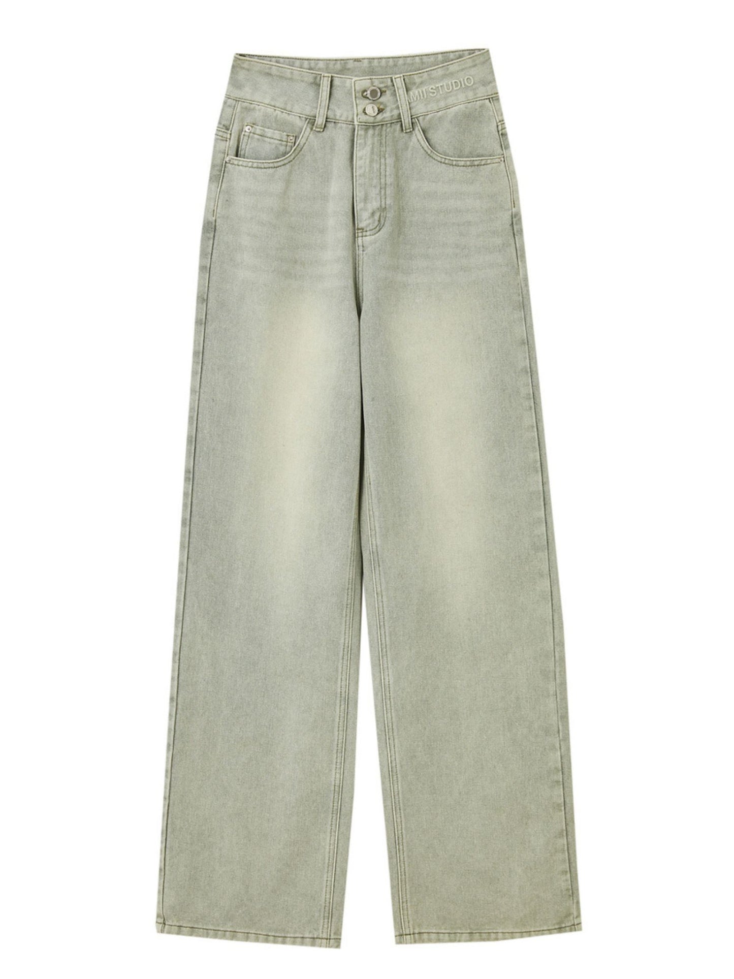Produktbillede af lysegrønne jeans med brede ben og rå sømme.