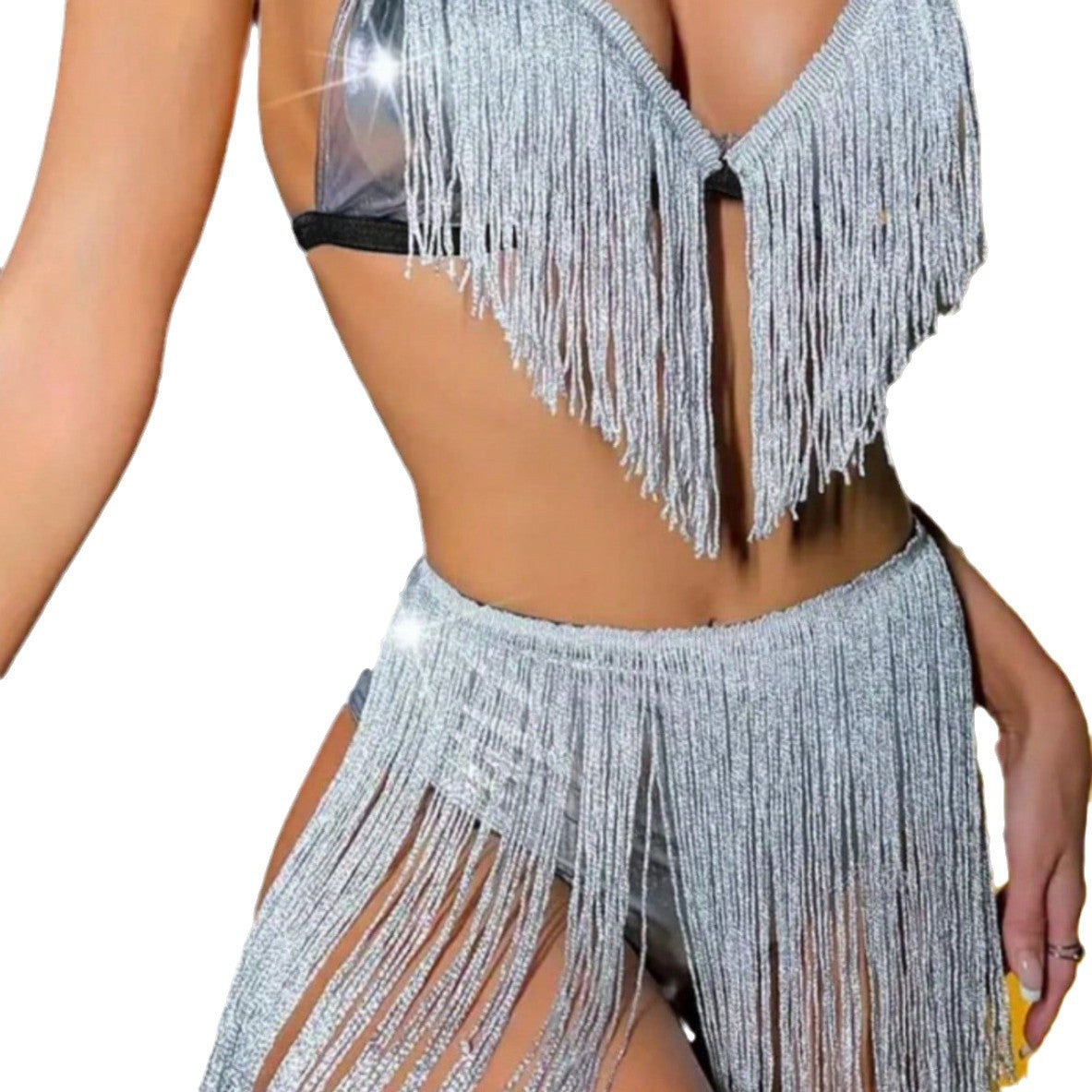 Damen Funkelndes Fransen-Bikini-Set mit transparenten Einsätzen und glänzenden Akzenten W&W