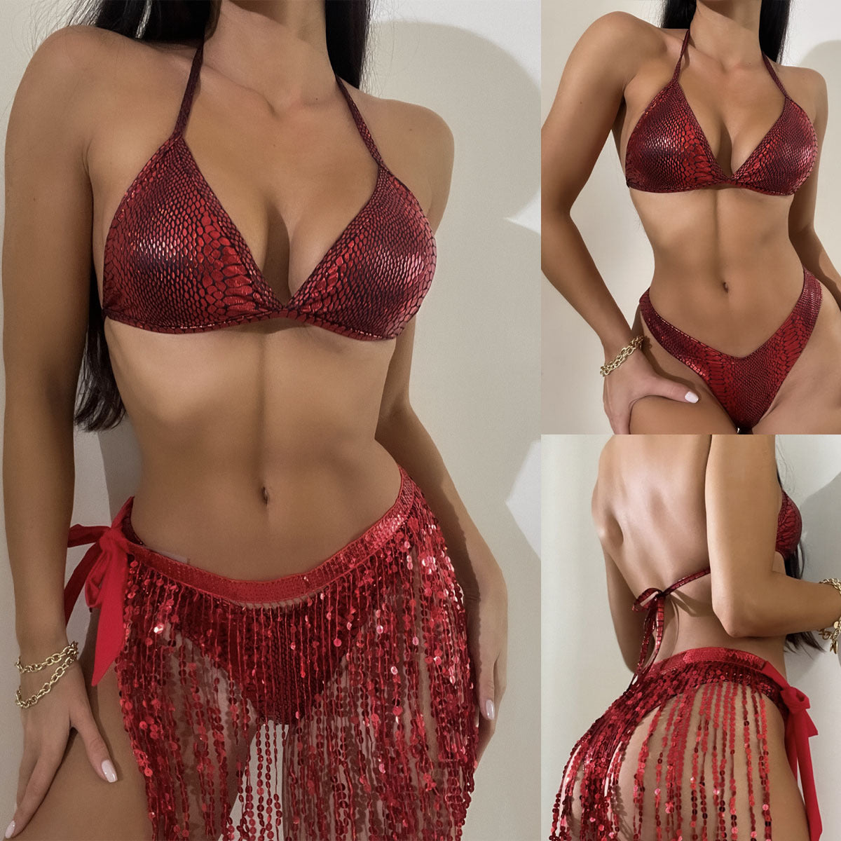 Damen Bikini mit schimmerndem Schlangenmuster und funkelndem Rock W&W