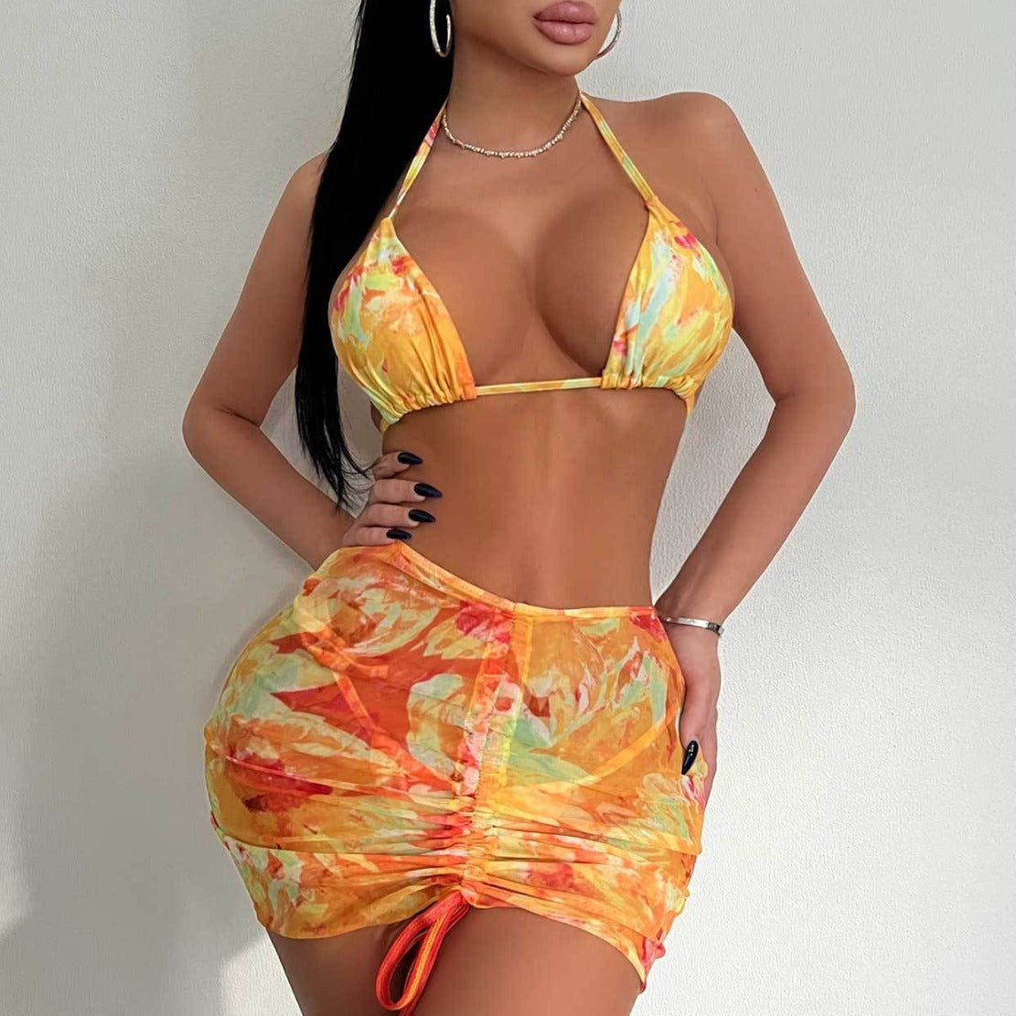 Damen Bikini-Set mit verstellbaren Trägern und gerafftem Rock W&W