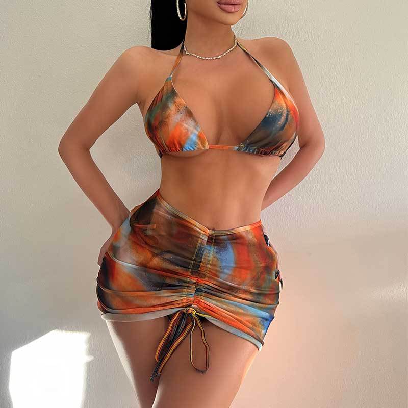 Damen Bikini-Set mit verstellbaren Trägern und gerafftem Rock W&W