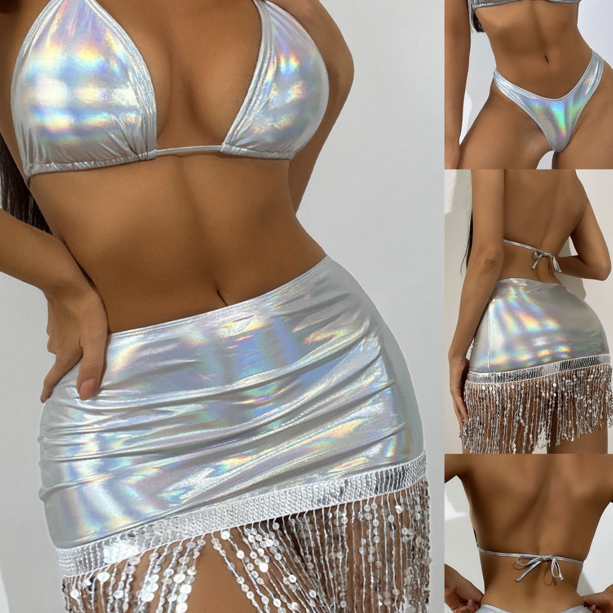 Damen Holografisches Bikini-Set mit glitzerndem Rock W&W
