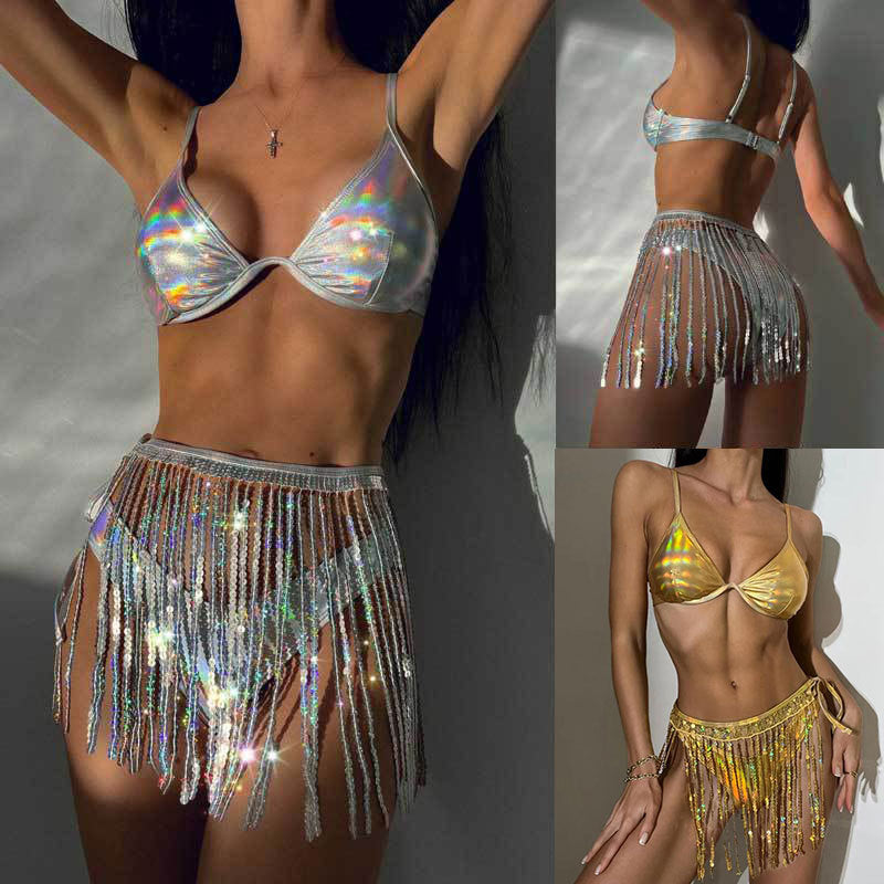 Damen eleganter Glitzer-Bikini mit funkelndem Miniröckchen W&W