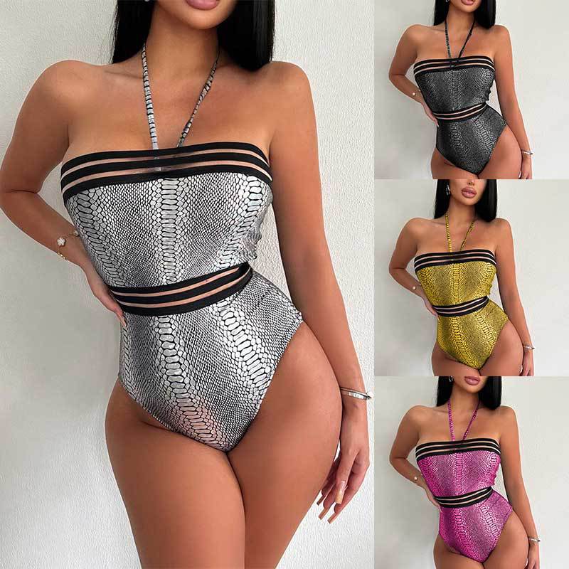 Damen Bandeau-Badeanzug mit schimmerndem Schlangenmotiv und raffinierten Cut-Outs W&W
