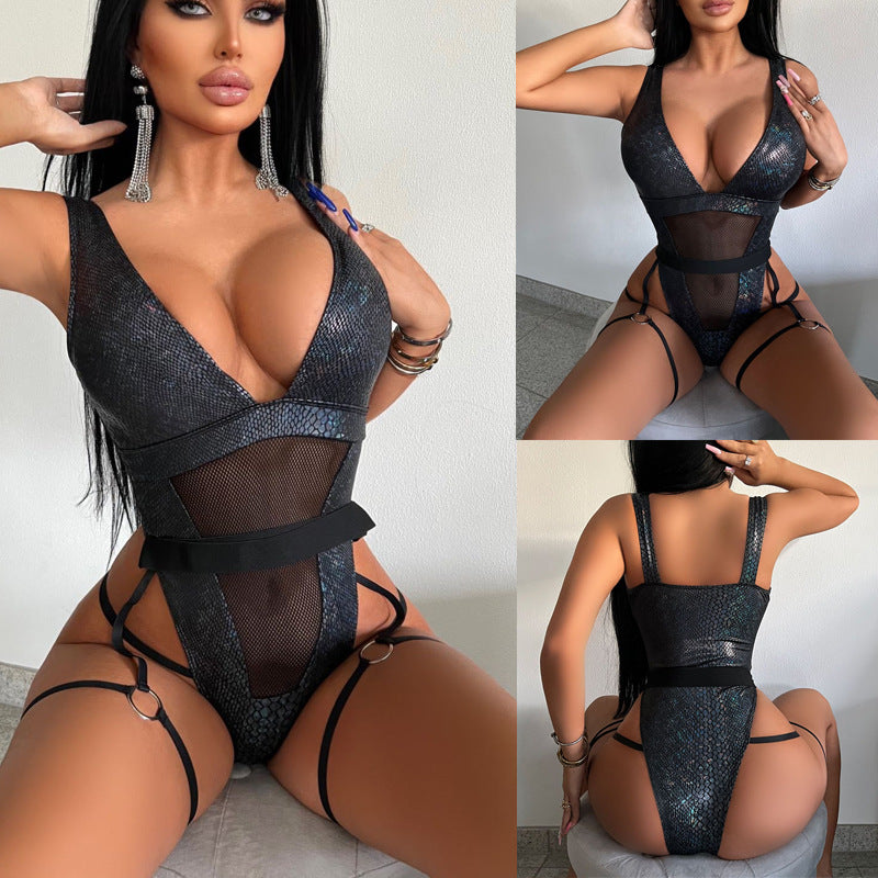 Damen Verführerischer Hochschnittr Badeanzug mit Netzdetails und Riemen W&W