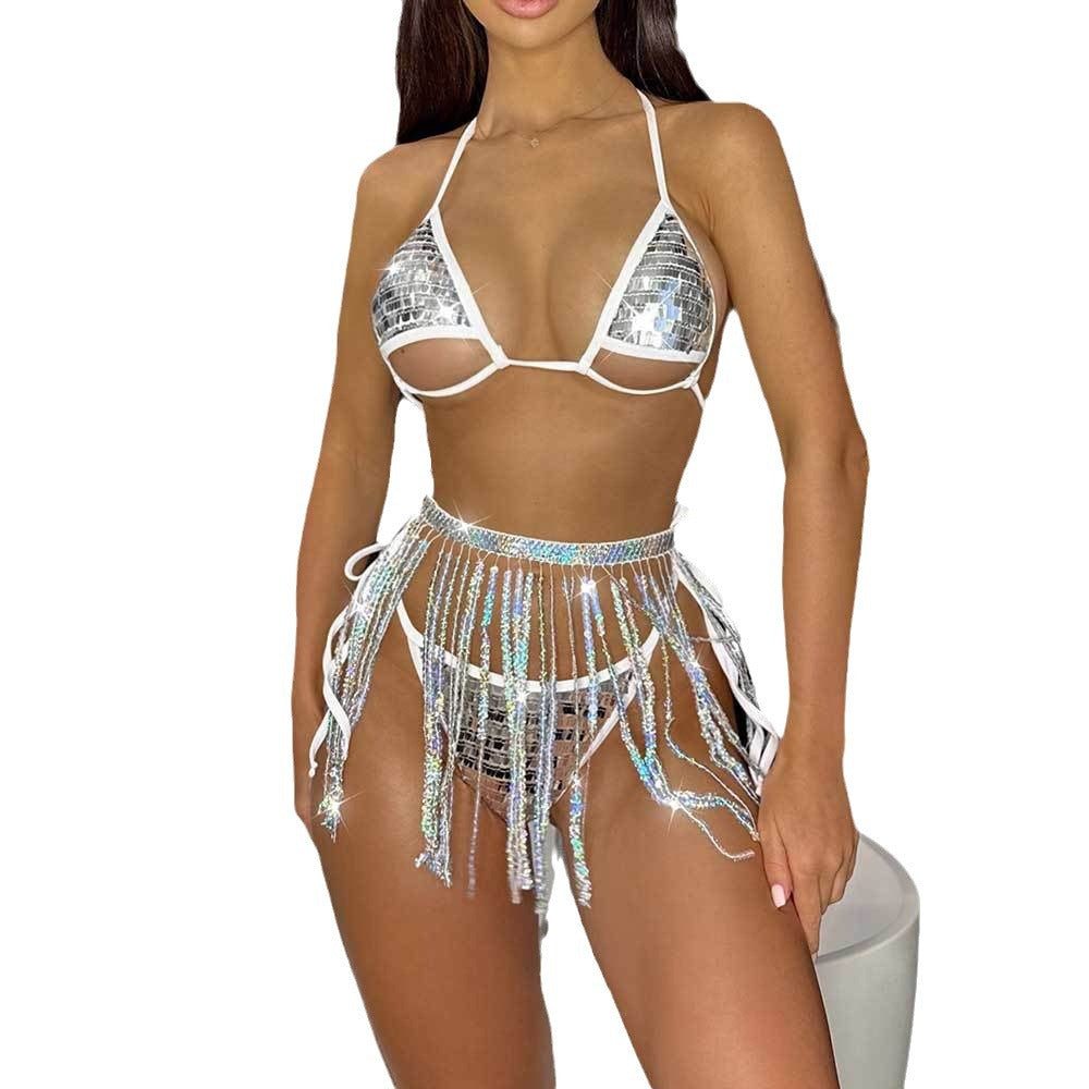 Damen Funkelndes Bikiniset mit spektakulärem Fransenrock W&W