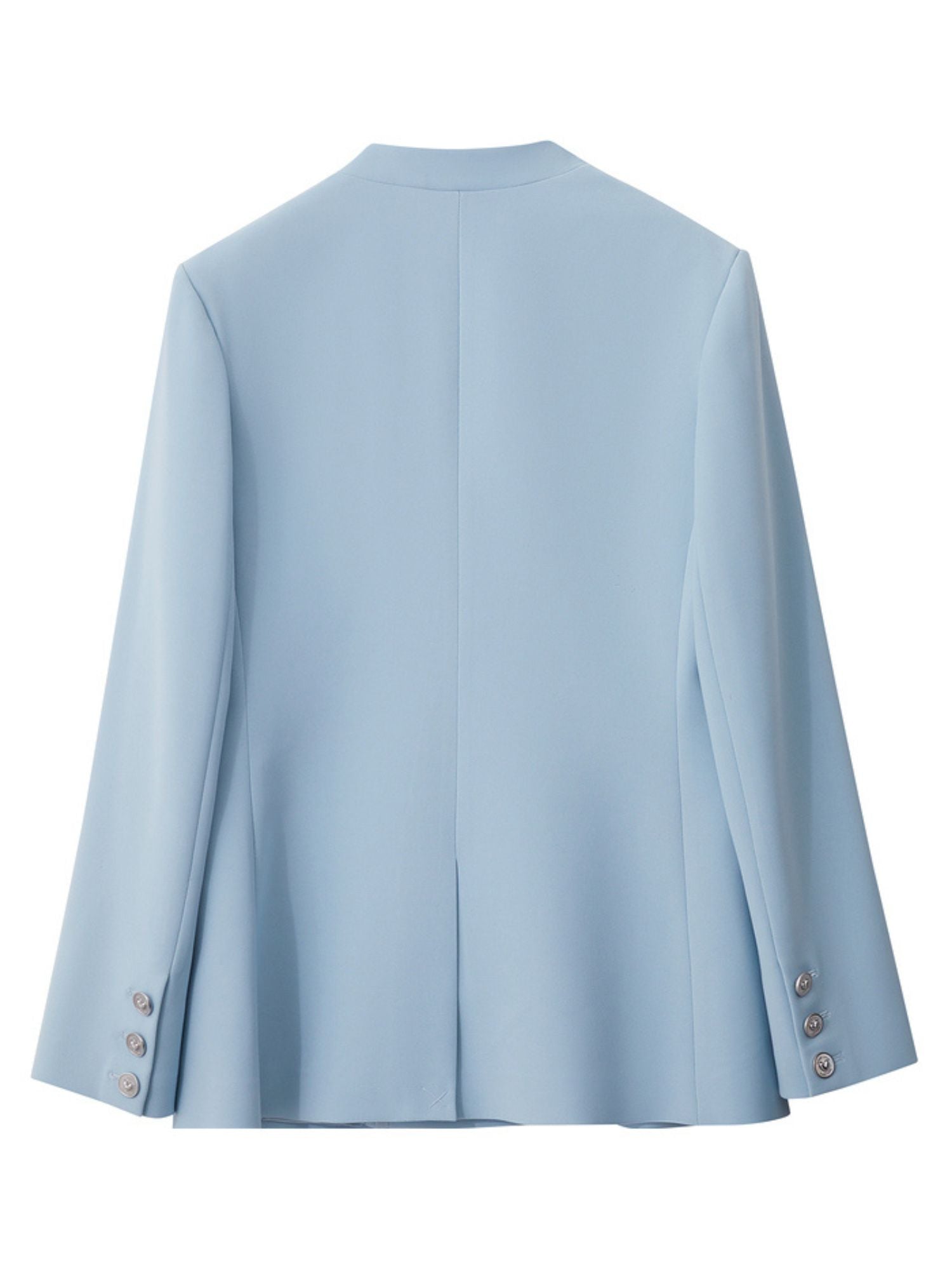 Produktbillede af lyseblå blazer, bagvisning på hvid baggrund.