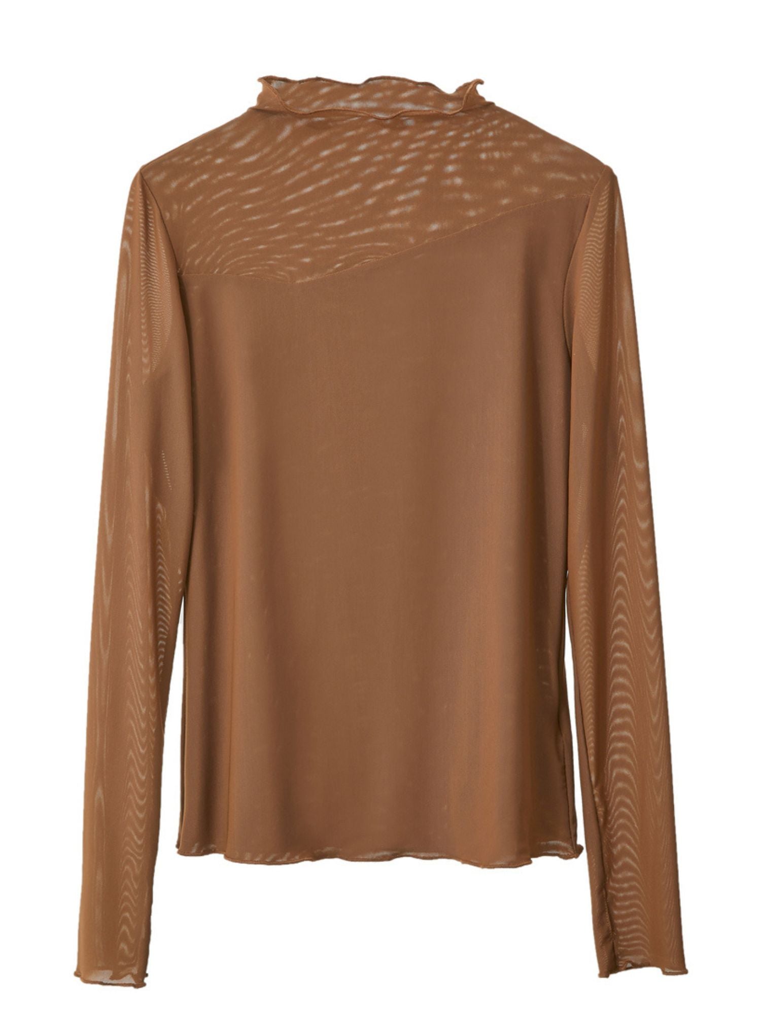 Brun langærmet bluse lagt fladt, viser høj hals og tætsiddende design.