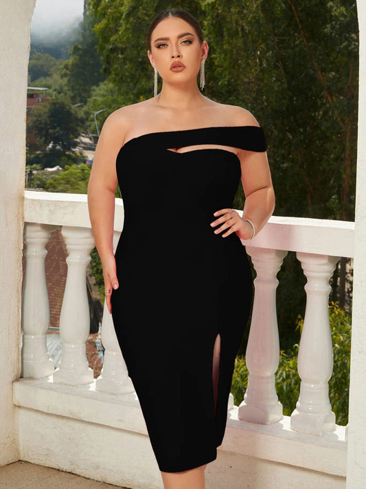 Sort Asymmetrisk Én-Skulder Plus Size Midi Kjole med Slids