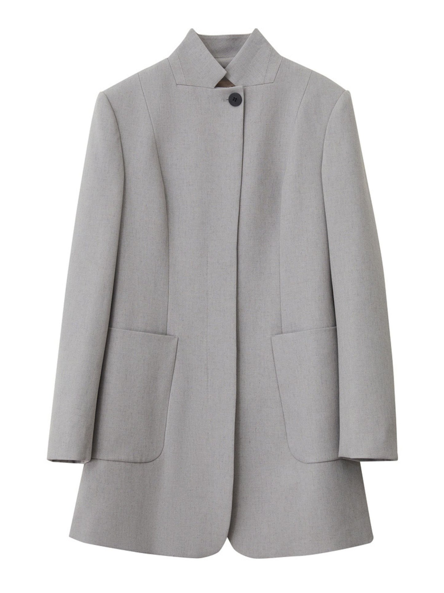 Produktbillede af lysegrå blazer, set bagfra.