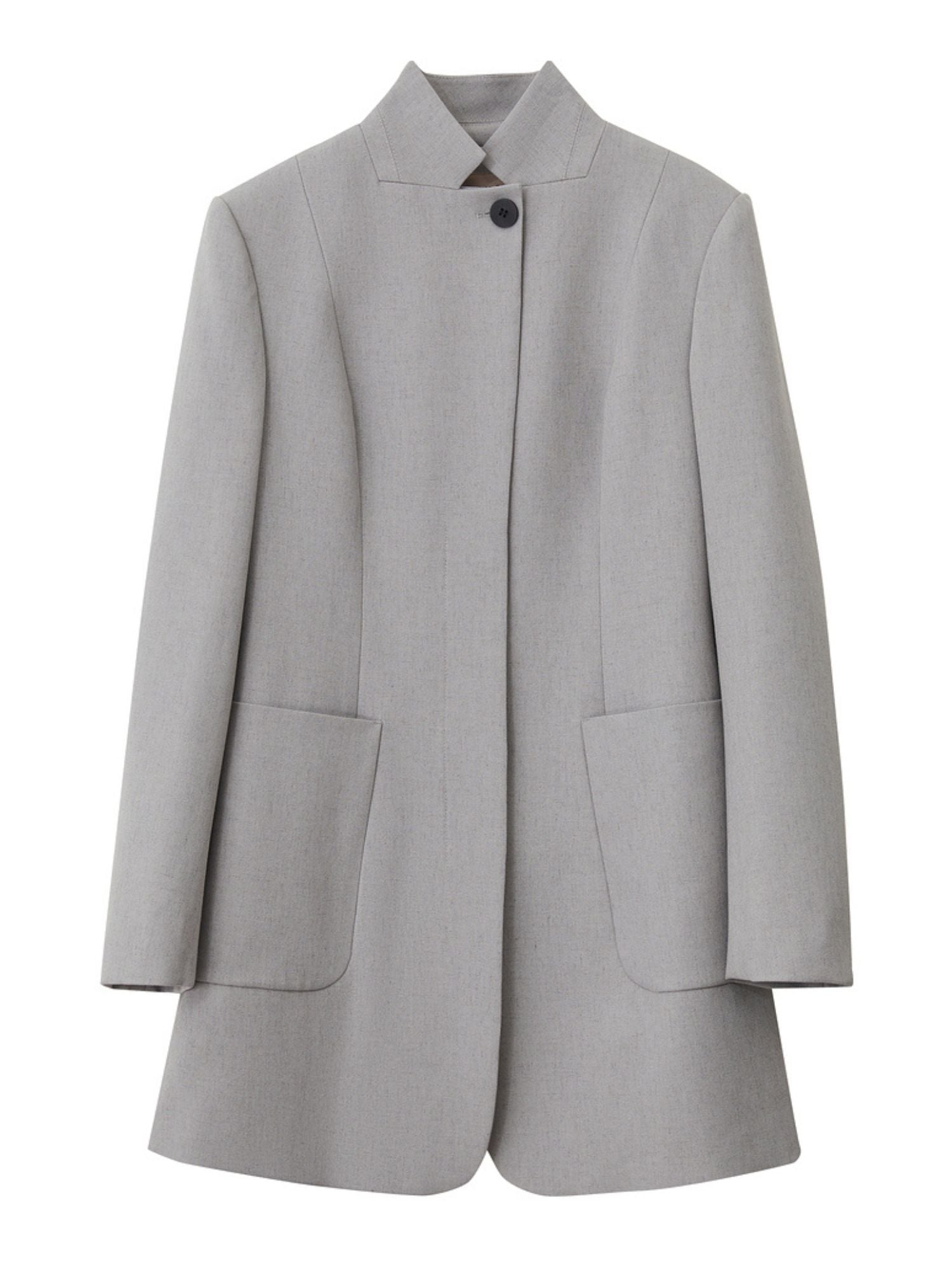 Produktbillede af lysegrå blazer, set bagfra.