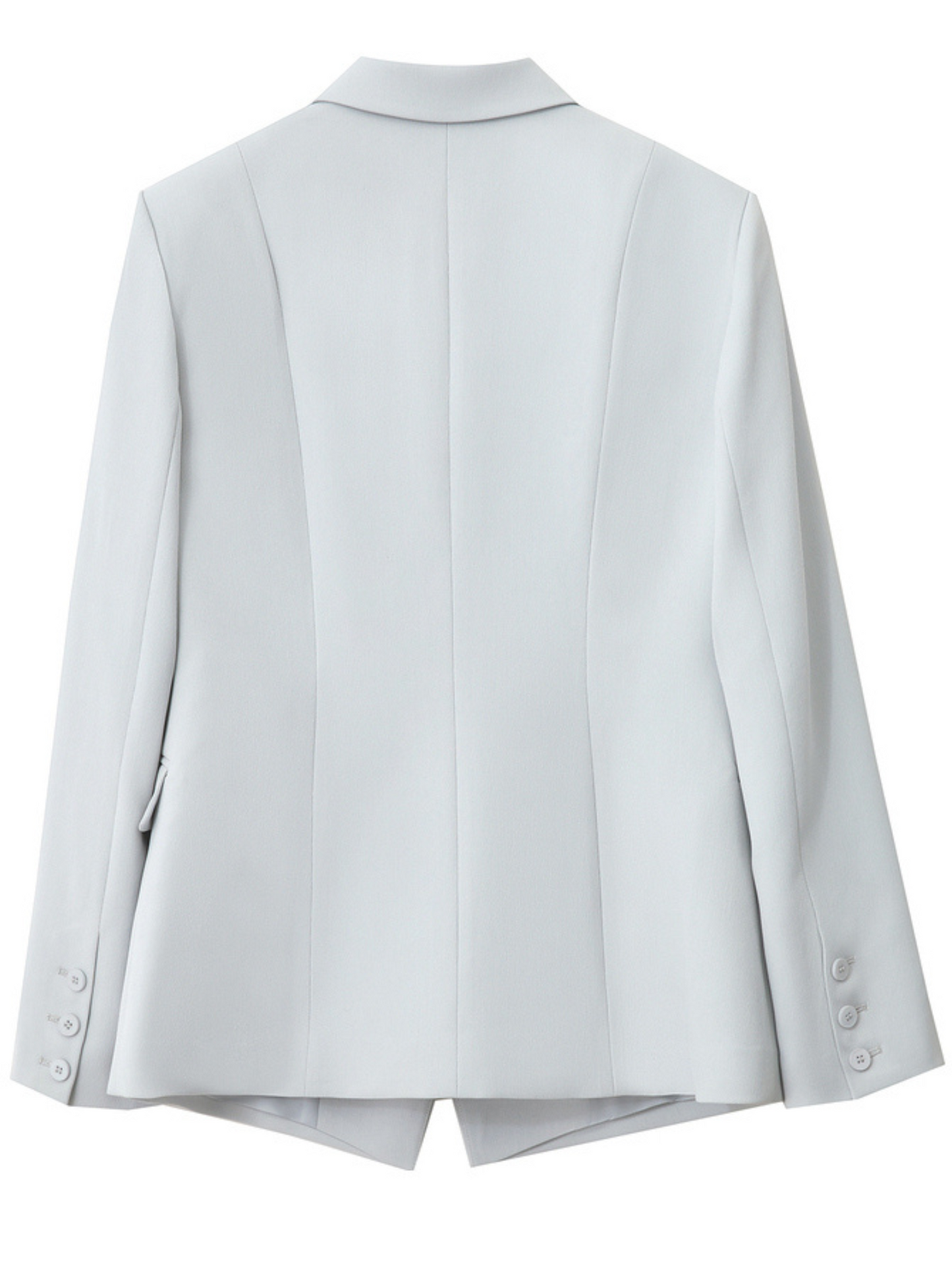 Produktbillede af lyseblå blazer med klassiske detaljer, front.